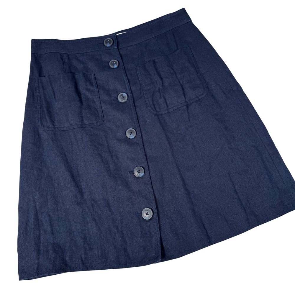 Tory Burch‎ Navy Blue Linen Button Front A-Line Mini Skirt Pockets 6 Classic